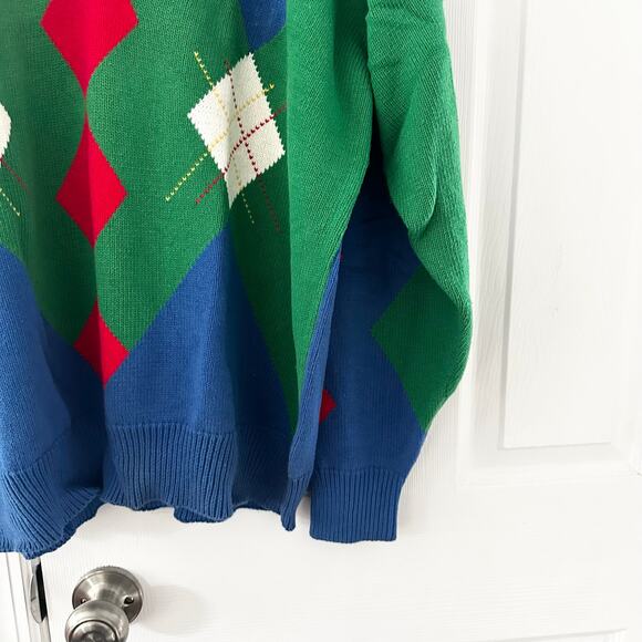 Pringle Scotland Hand Intarsia Cotton Vintage Blue Red Green Argyle Sweater XL - Picture 6 of 10